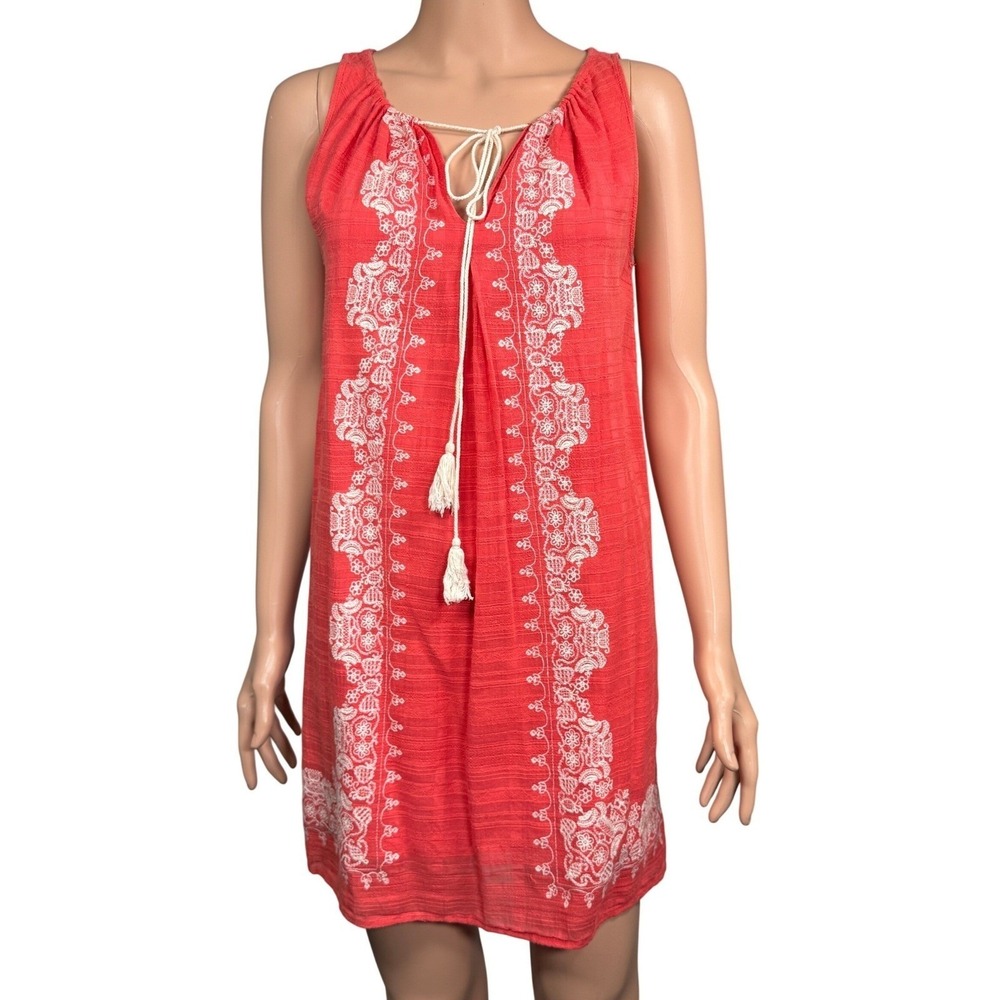 Max Studio Womens Coral Red Embroidered Cotton Boho Tassel Mini Dress S 6905E57